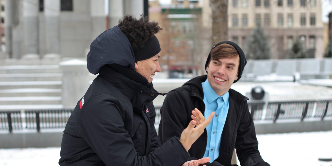 Two men talking