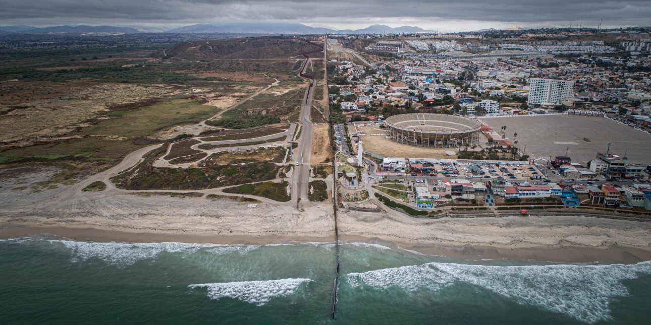 US aerial view of the US-Mexico border fence seen from Tijuana. Photograph: Guillermo Aria/AFP/Getty Images