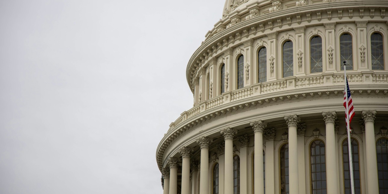 The Capitol dome and U.S. flag against the sky.