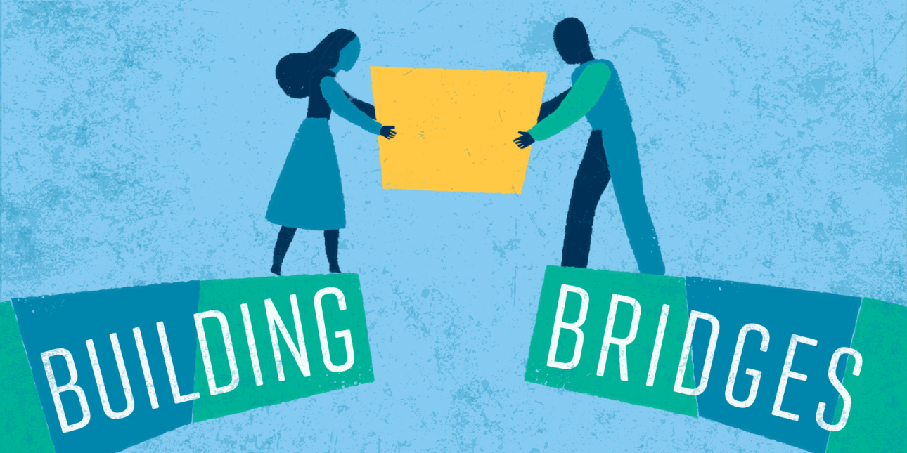 An illustration of two people connecting a bridge