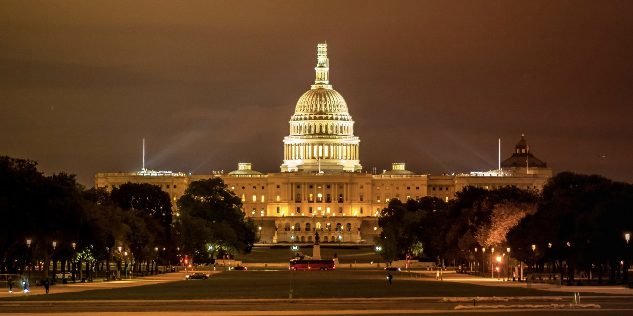 The U.S. Capitol at night from the National Mall