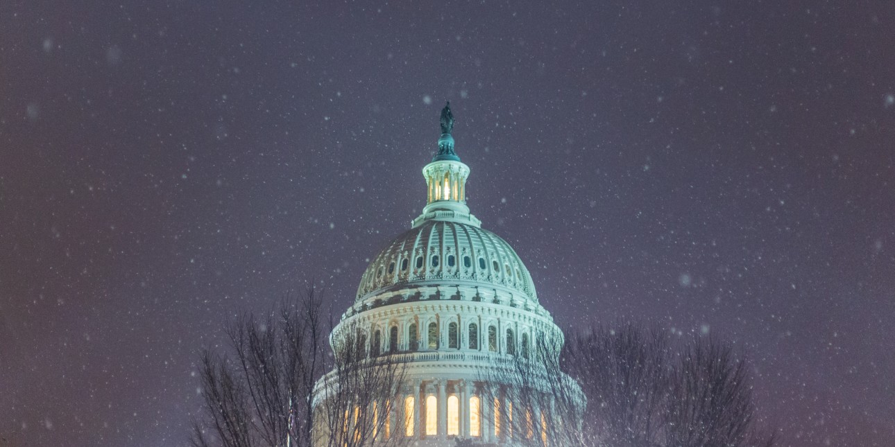 The U.S. Capitol in snow.