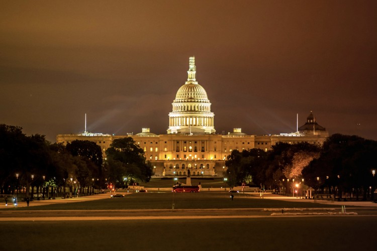 The U.S. Capitol at night from the National Mall