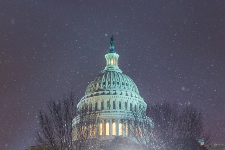 The U.S. Capitol in snow.